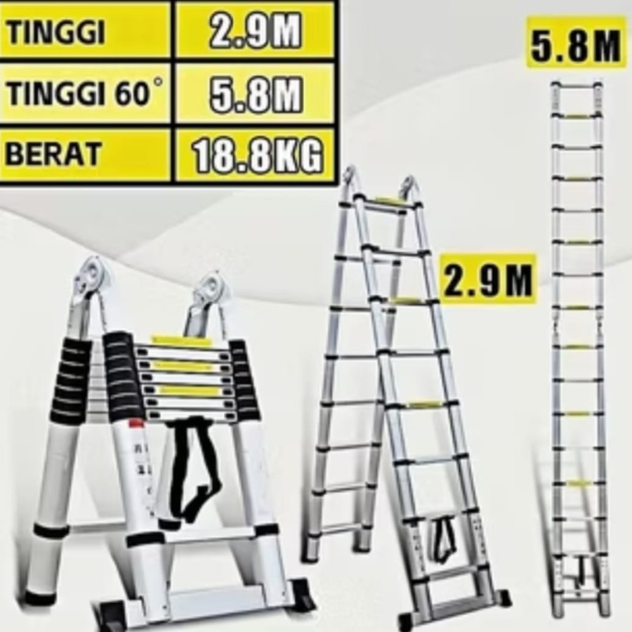Tangga Teleskopik IXCE Tinggi Max 6.3m, Bahan Aluminium Heavy Duty, Tinggi