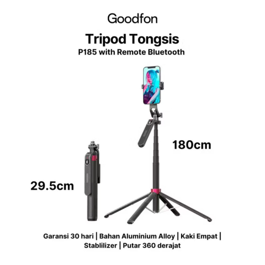GOODFON P185 Tripod Bluetooth Tongsis Selfie STick Remote Control Stabilizer - utama