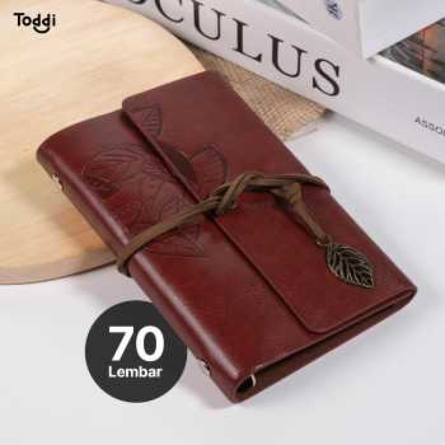 Toddi PHANTACI Buku Catatan Binder Kulit Retro Leaf Kertas B7 - BSD666 - Brown - depan